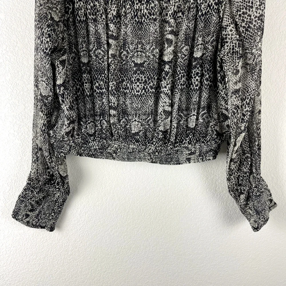 Free People RomaTop Womens Medium Snake Print‎ Smocked Sheer Puff Sleeve Ruffle